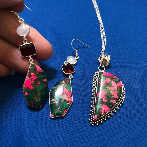 Jewelry By LJ Jewelry - Handmade Copper Malachite +Pink Agate Gemstone 925 Stamped Sterling Silver Set.